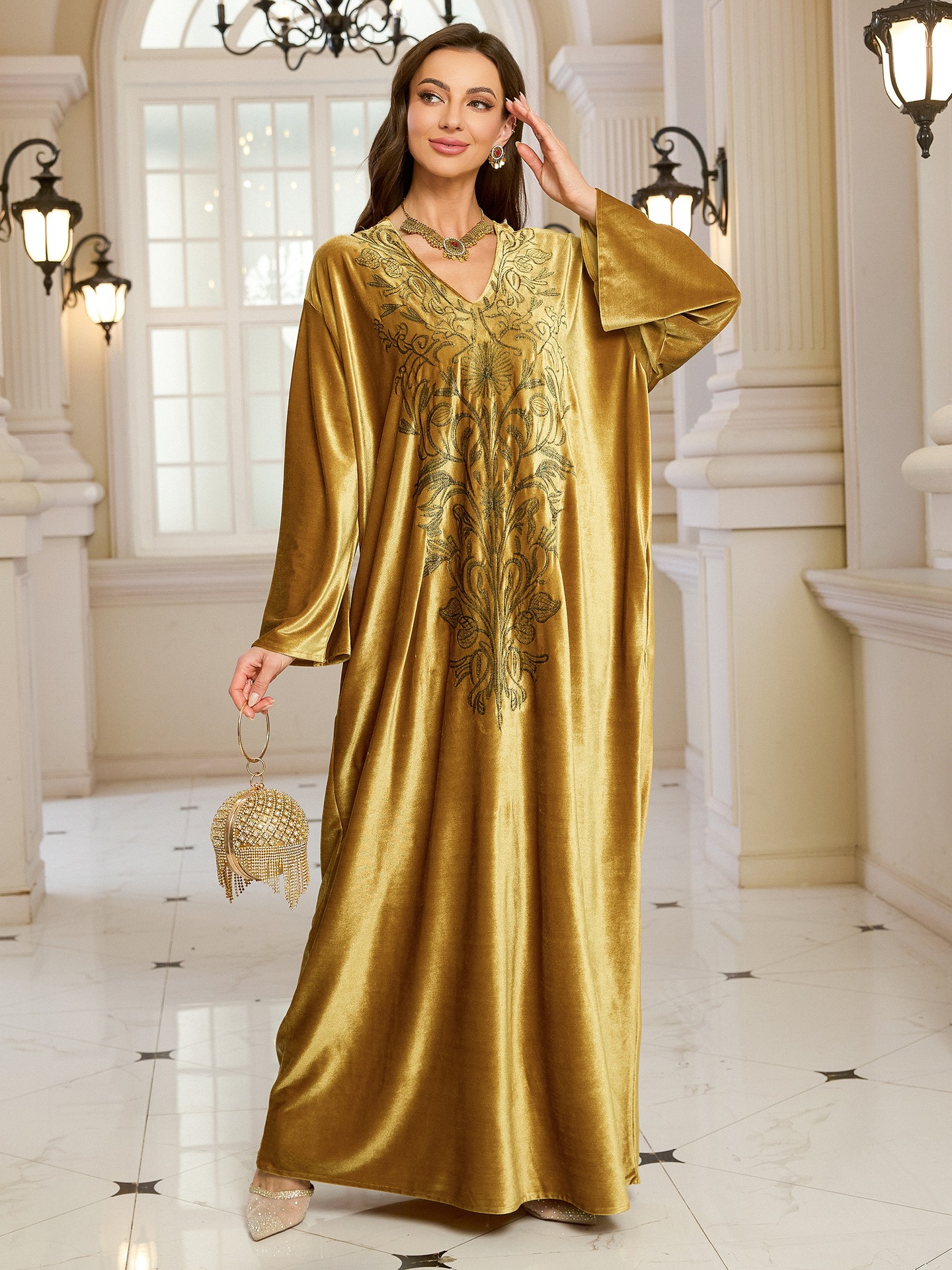 Elegant Embroidered Kaftan Dress Beach Bathing Suit Cover up Long Maxi Dress